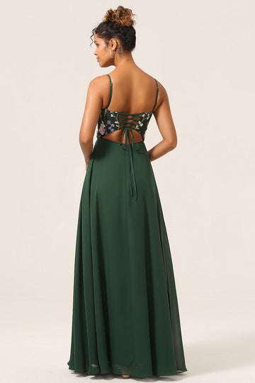 Beauty A-Line Spaghetti Straps Dark Green Long Bridesmaid Dress with 3D Flowers